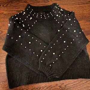 Pearl-Accent Black Turtleneck Sweater